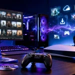 Birou de gaming cu PC performant, consolă și jocuri pe disc, reprezentând evoluția platformelor digitale pentru jocuri video.