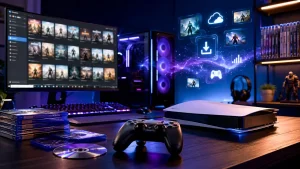 Cele mai bune platforme pentru a cumpăra jocuri video online Birou de gaming cu PC performant, consolă și jocuri pe disc, reprezentând evoluția platformelor digitale pentru jocuri video.