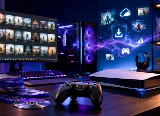 Cele mai bune platforme pentru a cumpăra jocuri video online Birou de gaming cu PC performant, consolă și jocuri pe disc, reprezentând evoluția platformelor digitale pentru jocuri video.