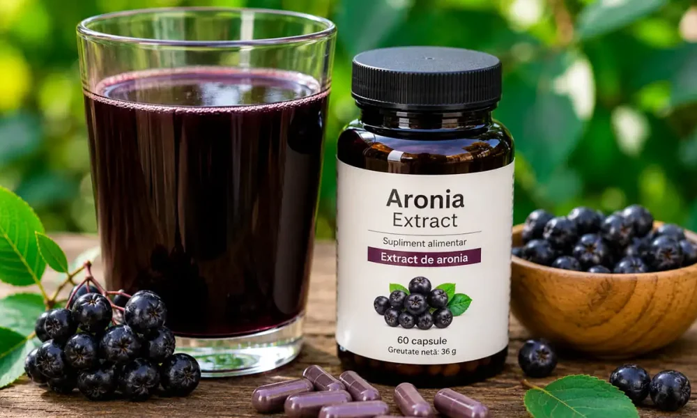 Suc de aronia și capsule cu extract de aronia alături de fructe proaspete, comparând cele două forme de administrare.