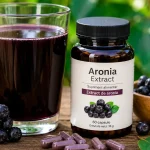 Suc de aronia și capsule cu extract de aronia alături de fructe proaspete, comparând cele două forme de administrare.