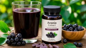 Suc de aronia și capsule cu extract de aronia alături de fructe proaspete, comparând cele două forme de administrare.