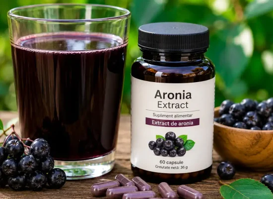 Suc de aronia și capsule cu extract de aronia alături de fructe proaspete, comparând cele două forme de administrare.